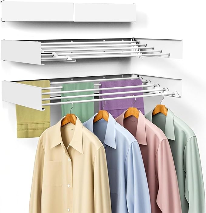 Laundry Drying Rack, Collapsible Wall Mounted Clothes Drying Rack - Foldable,Space Saving, 13.2 Linear Ft, 5 Aluminum Rods, 60 lb Capacity (White, 40")