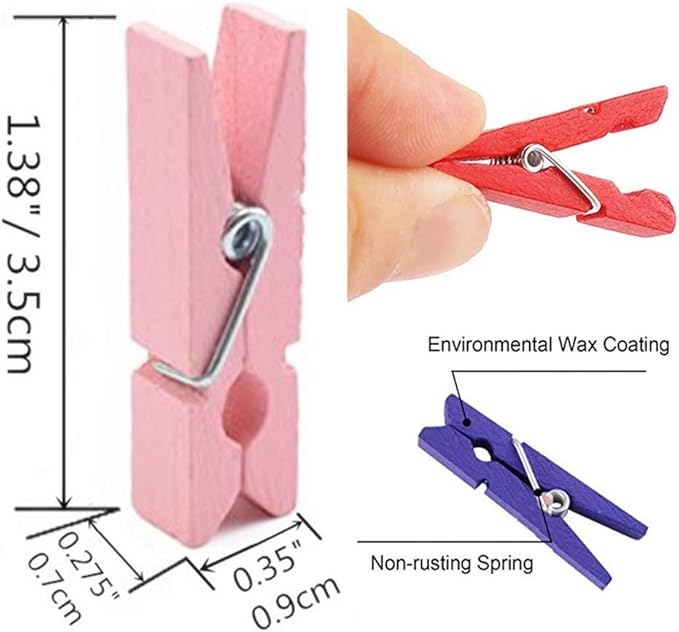 DurReus Sturdy Clothes Pegs Clamps DIY Craft Mini Colored Wood Clothespins Clip Holiday Christmas Cards with Twine Pack 50 Yellow