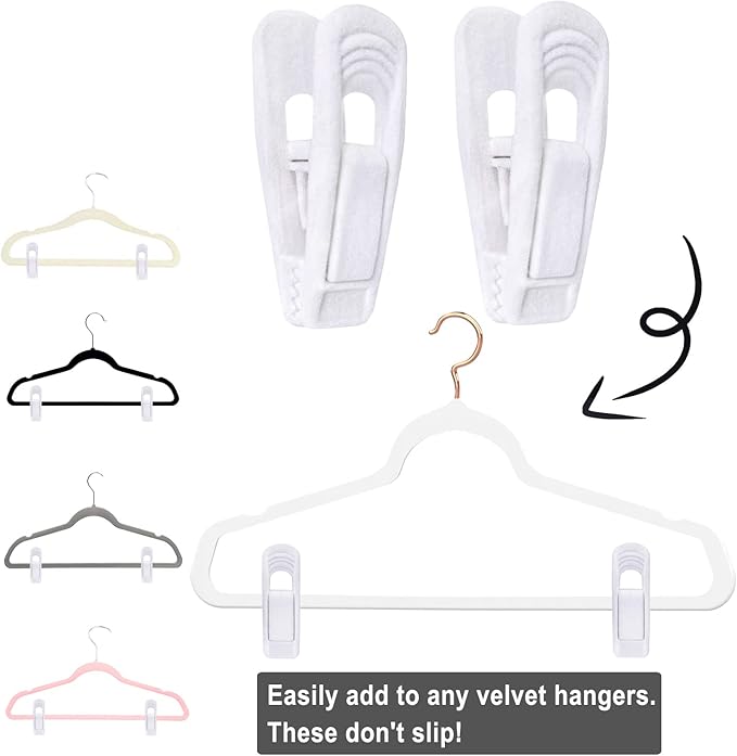 White Velvet Hangers Clips 40 PCS, Pants Hangers Velvet Clips Easily Add to Velvet Hanger, Skirt Suit Pants Clothes Velvet Hangers, Baby Kids Hangers Clips