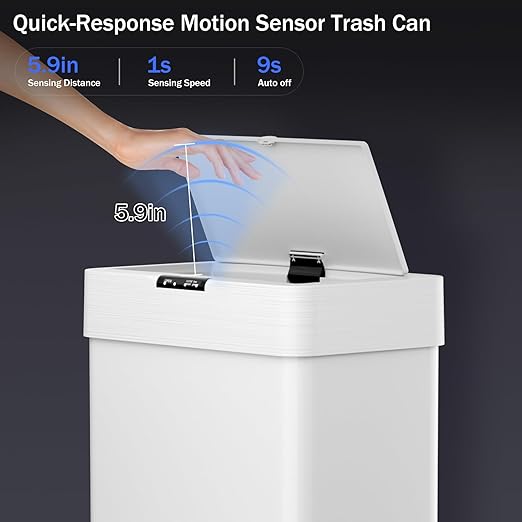 TLSUNNY 18.5 Gallon Motion Sensor Trash Can,Touchless Automatic Garbage Can,Brushed Stainless Steel Smart Bin,with Bag Holder,Soft Close Lid,for Kitchen,Office,RV,Bedroom,Living Room (White, 70L)