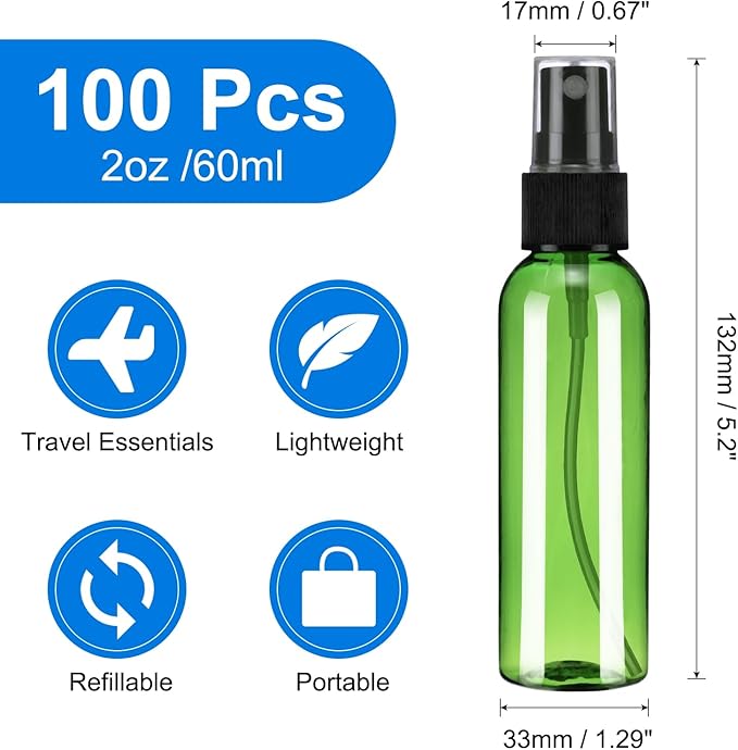 uxcell 100Pack Spray Bottles, 2Oz/60ML Reusable Clear Empty Mist Plastic Mini Travel Bottle Set,Small Refillable Liquid Containers for Household Use, Essential Oil, Cleaning (Green Black)