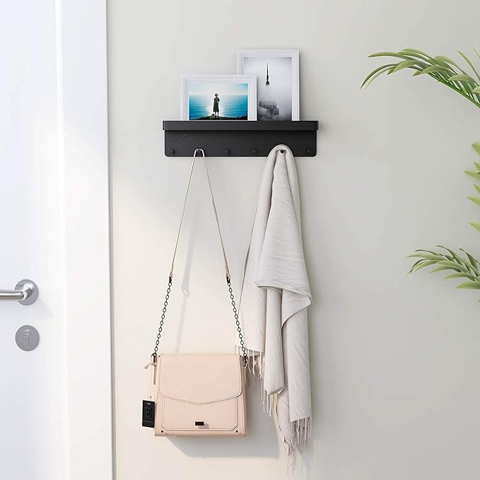 MKO Key Holder Wall Mount, Key Holder Wall Mount Adhesive with Mail Organizer Tray with 6 Key Hooks for Wall, Black