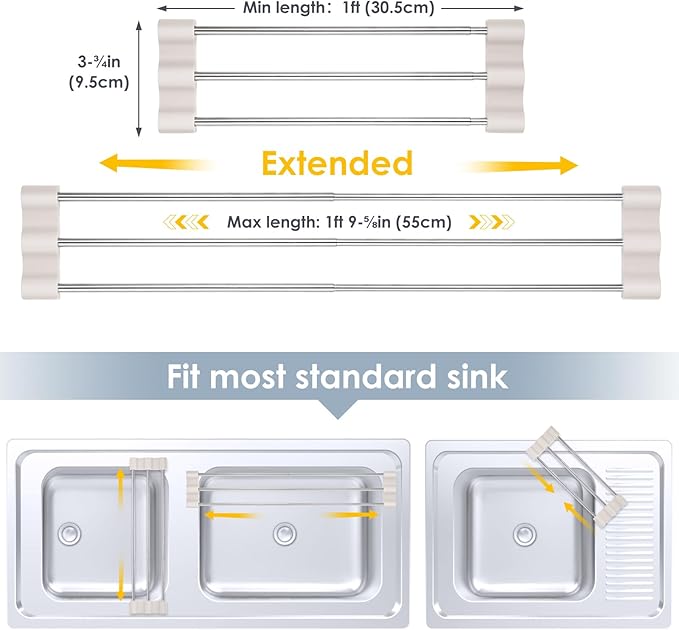 Tomorotec Adjustable Over-The-Sink Kitchen Rack for Dishcloths, Sponges, Bottles and Brushes - Heat-Resistant Stainless Steel with Slim, Expandable Design and Multifunctional Silicone Holder