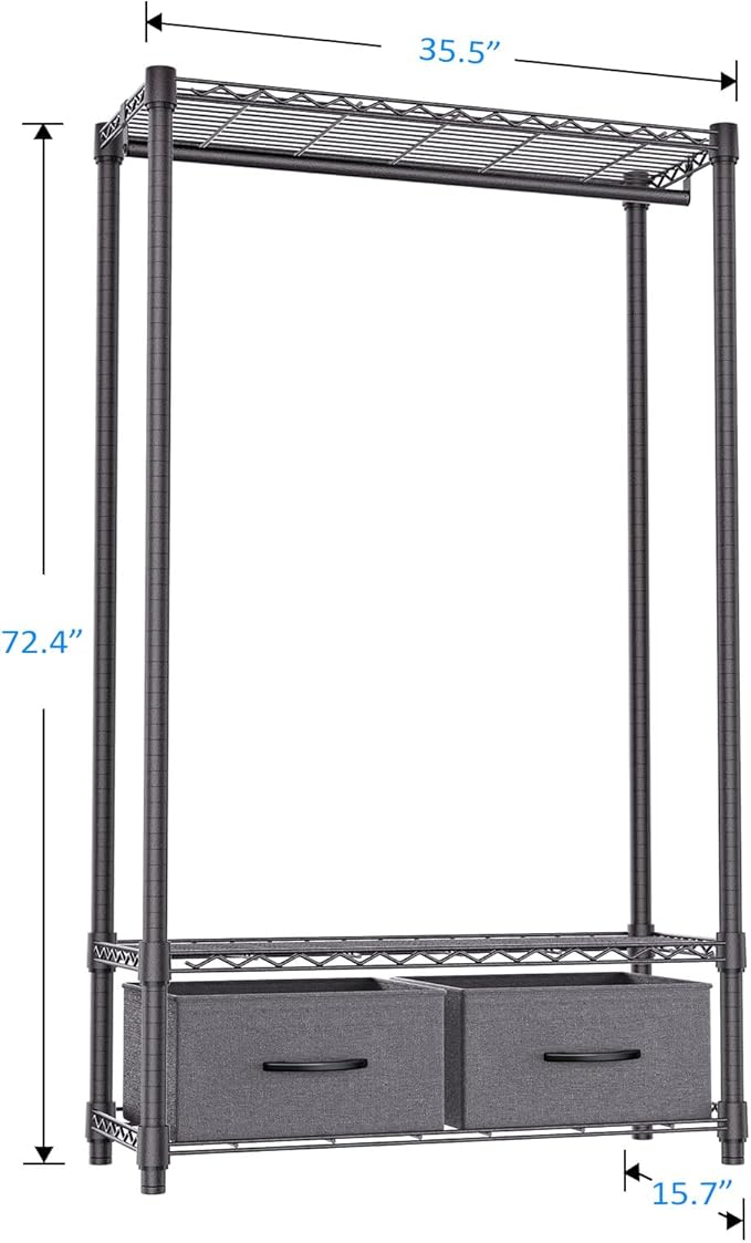 IZEUK Heavy Duty Garment Rack Wire Clothes Rack for Hanging Clothes, Metal Freestanding Closet Wardrobe Rack with 1 Rod and 2 Drawers Dark Grey 15.7" D x 35.5" W x 72.4" H