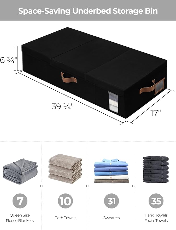 StorageWorks Under Bed Storage with Lid, Underbed Storage Containers with Handles, Underbed Organizer for Bedroom, Foldable Clothing Storage Bins, Box for Blankets, Jumbo, Black, 2-Pack