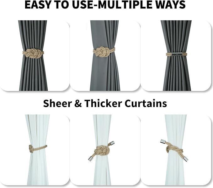 4 Pack Natural Jute Magnetic Curtain Tiebacks, Boho Rustic Style Decorative Curtain Ties Backs for Home & Office Drapery