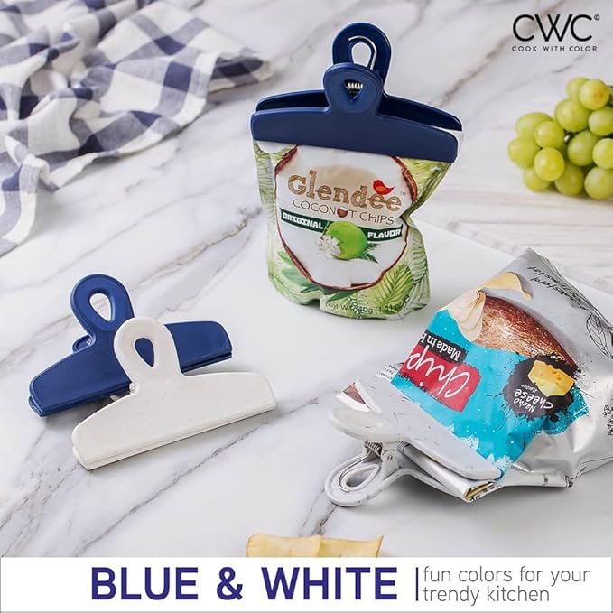 COOK WITH COLOR Bag Clips - Heavy Duty Chip Clip and Refrigerator Magnet Clips for Food Storage with Air Tight Seal Grip, Blue and White, Pack of 8 Large Clips
