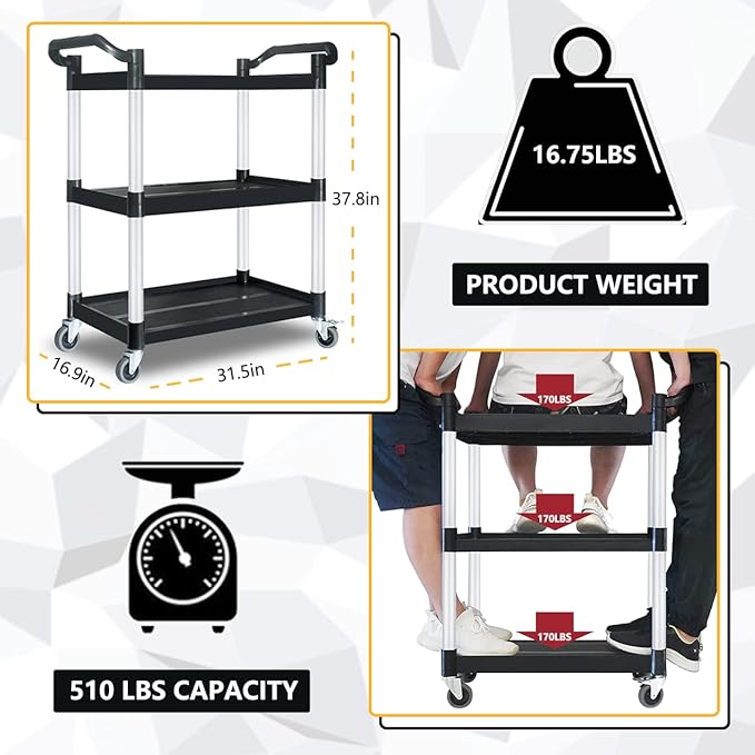 Plastic Utility Carts with Wheels, Heavy Duty 510lbs Capacity Rolling Service Cart, 3-Tier Restaurant Food Cart with Hammer for Office, Warehouse, Garage (Lockable Wheels, Black)