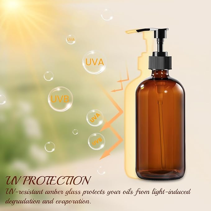12 Pack Amber Glass Bottles 8oz with Pump Dispensers, Refillable Empty Pump Bottles for Bathroom, Kitchen, Shampoo, Soap, Lotion – Includes 2 Funnels & 12 Labels