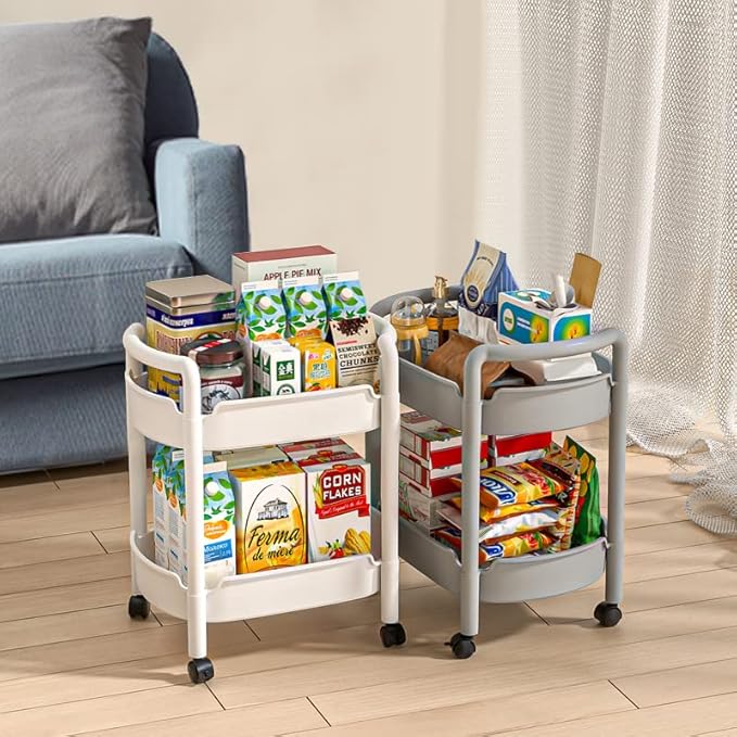 2-Tier Plastic Rolling Utility Cart with Handle Tower Rack Snack Cart with Wheels Multi-Functional Storage Trolley for Kitchen Bathroom Laundry Home Office Living Room Organization, White