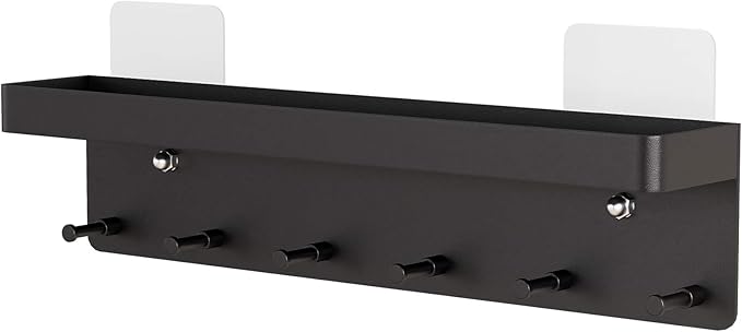 MKO Key Holder Wall Mount, Key Holder Wall Mount Adhesive with Mail Organizer Tray with 6 Key Hooks for Wall, Black