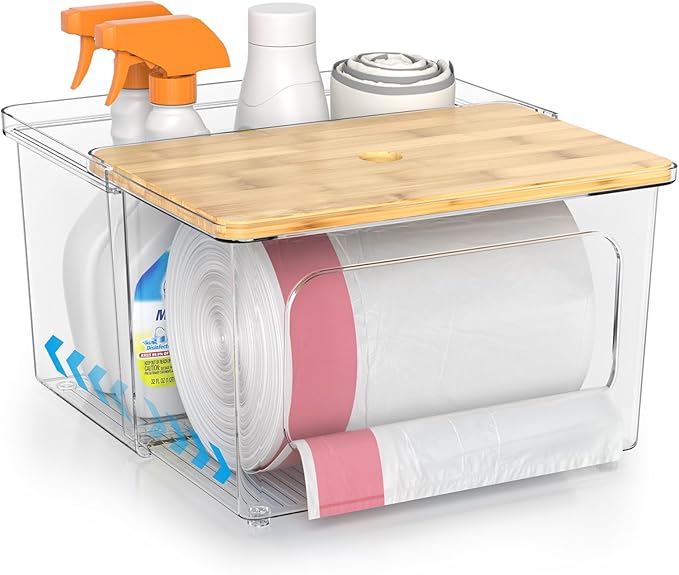 Trash Bag Dispenser Roll Holder - Clear Garbage Bag Holder Dispenser with Bamboo Lid and Sliding Drawer Box, Trash Bag Holder for Kitchen, Under Sink, Laundry Room Organization and Storage