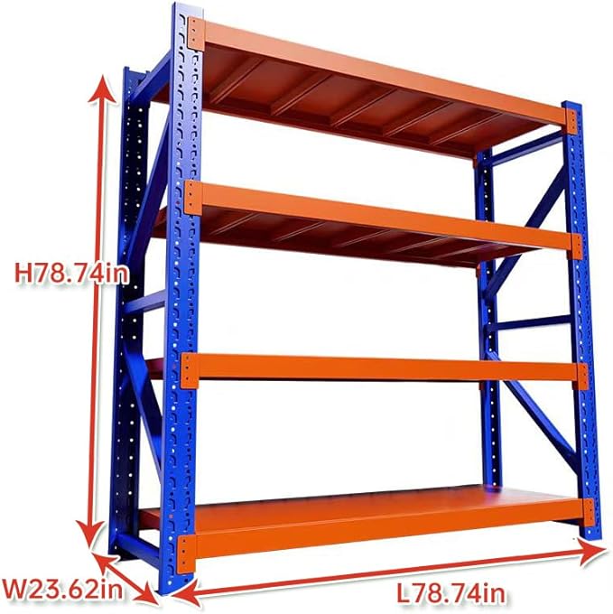 Industrial Metal Storage Shelves - Large, Heavy Duty, 4 Levels, Blue & Orange, Warehouse Racking - 23.62D x 78.74W x 78.74H