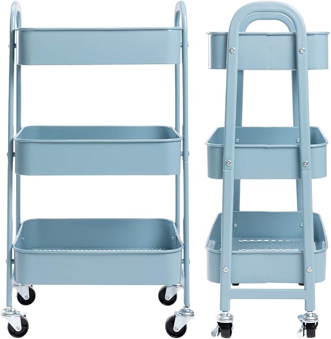 AGTEK Makeup Cart, Movable Rolling Organizer Cart, Grey-Blue 3 Tier Metal Utility Cart