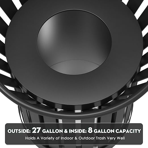 Round Heavy Duty Outdoor Trash Can, Large Metal Slatted Garbage Can for All Weather Resistant, Commercial Garbage Cans, Waste Receptacle in Park, Beach, Patio (Black, Medium)