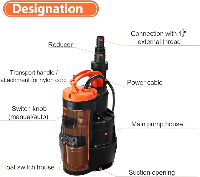 Prostormer Sump Pump, 1/2HP 2110GPH Sumbersible Water Pump, Portable Electric Pump with Build-in Float Switch for pool draining, Crop Irrigation, Yard and Flooded Cellar