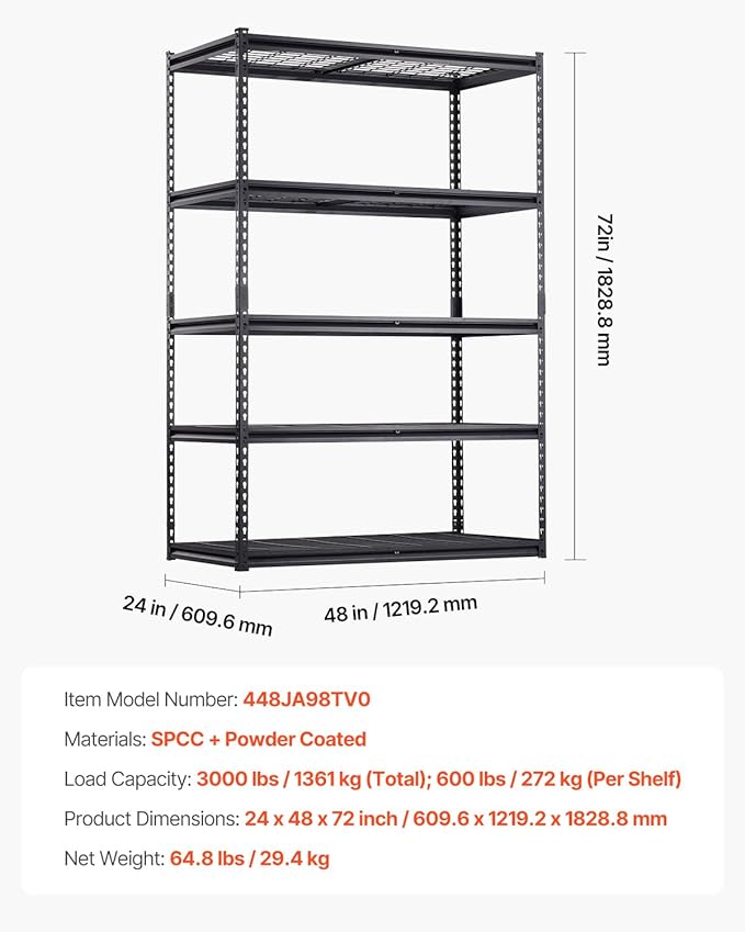 VEVOR Storage Shelves, 3000 lbs, 5 Tier Heavy Duty Garage Shelving, 24" D x 48" W x 72" H Adjustable Metal Shelves for Industrial Shelving Unit Utility Shelf, for Kitchen, Warehouse, Basement, Black