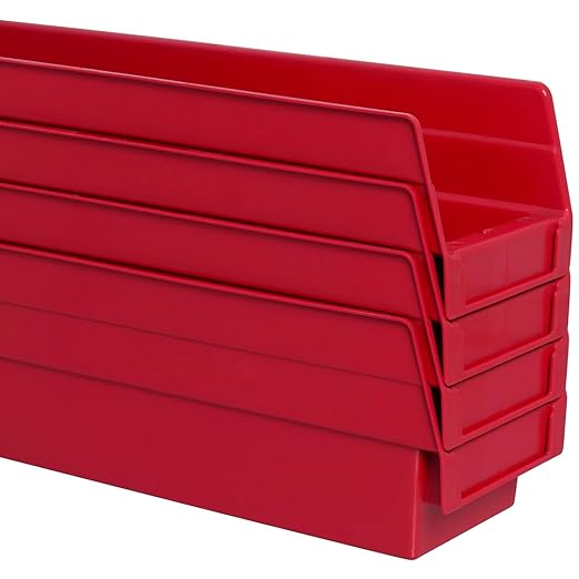 Akro-Mils 30120 Plastic Shelf Bins, Heavy Duty Storage Bins for Garage, Closet, and Drawer Organization, 12-Inch x 4-Inch x 4-Inch, Red, 24-Pack