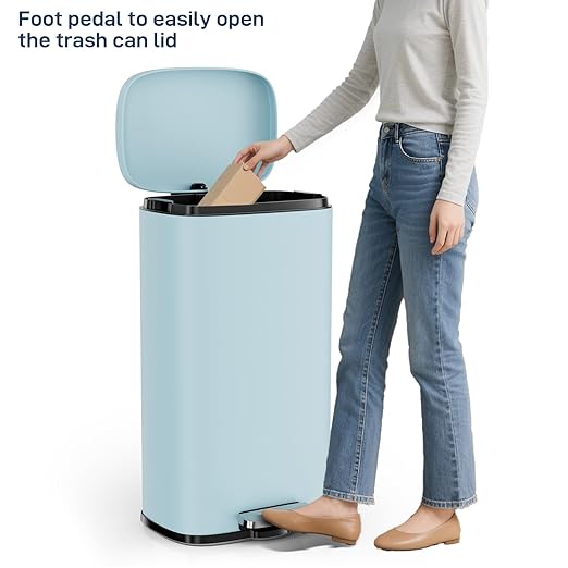 Arlopu 8/13.2 Gallon Step Trash Can, Stainless Steel Garbage Bin, Soft-Close Rubbish Bin with Removable Plastic Inner Bucket, Fingerprint-Proof, Lid Dustbin, Suit for Kitchen (Tide Pool Blue, 30L)