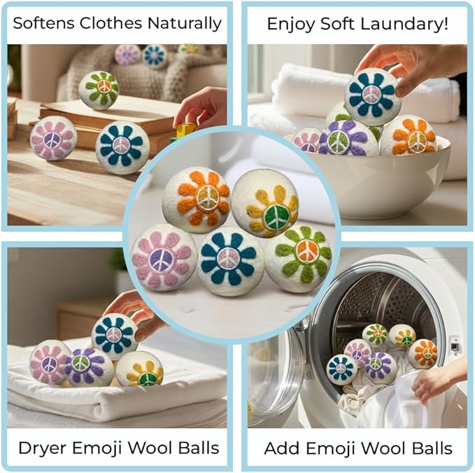 Ezhippie Quality Wool Dryer Balls - 6 XL Flower Pack - 1000+ Loads - Pure Organic Wool - Reusable Natural Fabric Softener Perfect with Essential Oils, Reduce Clothing Static and Wrinkles