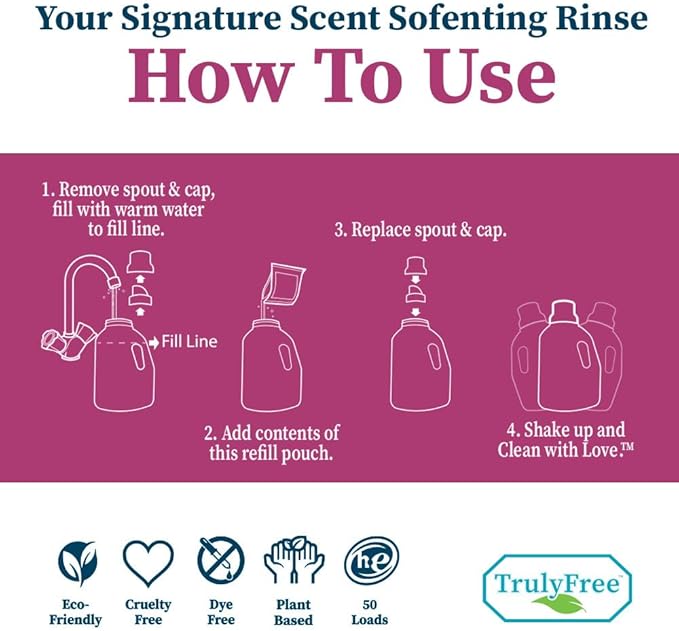 Truly Free Fabric Softening Conditioner for Clothes| Safe for Babies & Kids with Sensitive Skin | Plant-Based | Includes 4 Refills| Signature Scent Rinse(200 Loads)