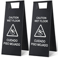 Kigley 2 Pcs Wet Floor Sign, 24 Inch Stainless Steel Caution Wet Floor Sign Double Sided Portable Foldable Bilingual Safety Warning for Hotel Market Restroom Restaurant Office (Black)