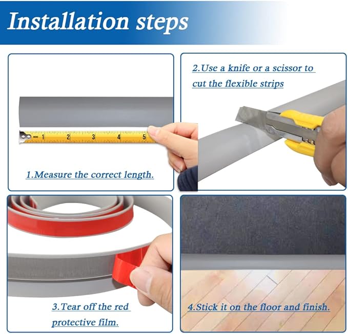 Floor Transition Strip Self Adhesive Carpet & Flooring Transitions Edging Trim Strip PVC Threshold Transitions Suitable for Threshold Height Less Than 5mm (3.3Ft, Gray)