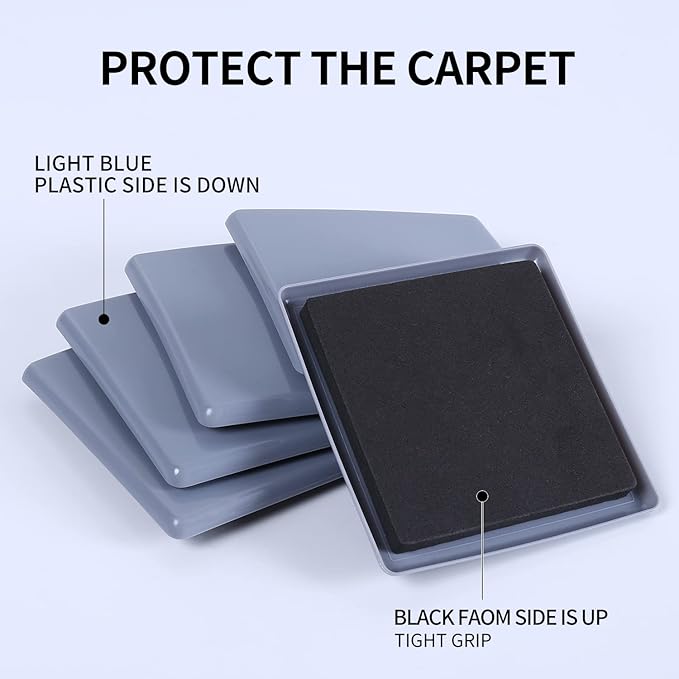 Ezprotekt 8 Pack Reusable Large Furniture Movers Sliders for Carpet, 5" Square Furniture Moving Pads, Carpet Sliders for Heavy Duty Sofa Bed Fridge, Move Items Quickly and Easily (Light Blue)