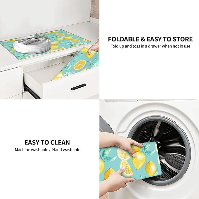 Spring Yellow Lemon Teal Background Microfiber Dish Drying Mat For Kitchen Countertop Xl Absorbent Reversible Drainer Rack Pad Extra Large 18 X 24 Inch