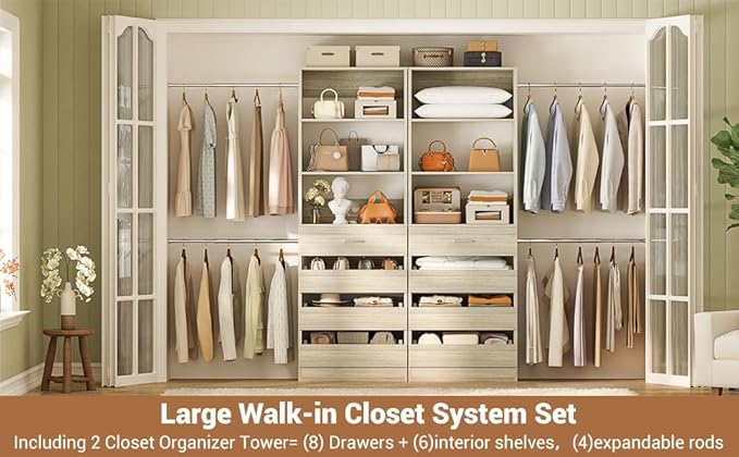 Aheaplus Closet System, 6-15Ft Closet Organizer with 8 Wooden Drawers, Wood Closet Organizer System with Tower, Walk-in Closet Organizer Wardrobe Garment Clothes Rack with 4 Hanging Rods, White Oak