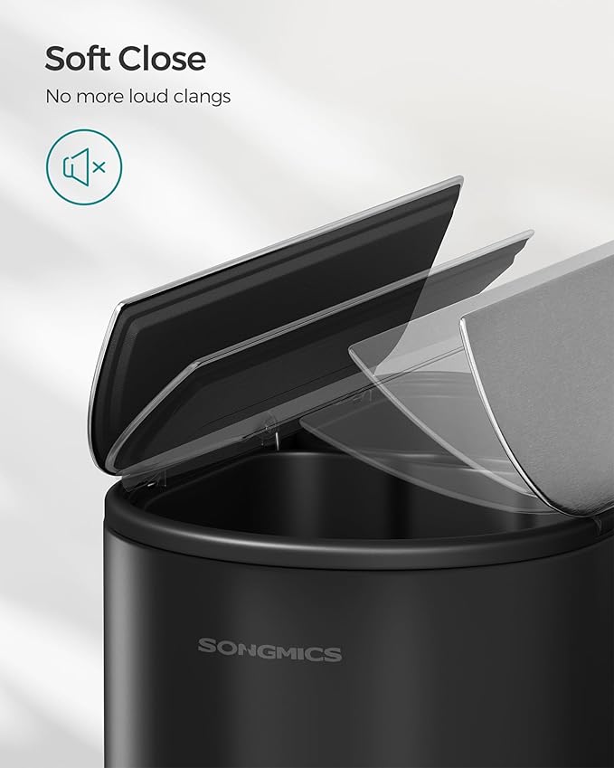SONGMICS 13-Gallon Dual Kitchen Trash Can, 5.3 and 8 Gallon Compartments, Garbage Can with Wing Lids, Stainless Steel, Soft Close, Inner Buckets, Ink Black and Metallic Silver ULTB570B50