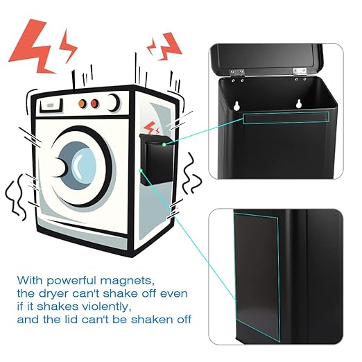 Picowe Magnetic Laundry Storage, Large Metal Lint Holder Bin with Lid for Laundry Room, Space-Saving Trash Container Hanging on Dryer, Washer or Wall Mount Trash Bin (Black)