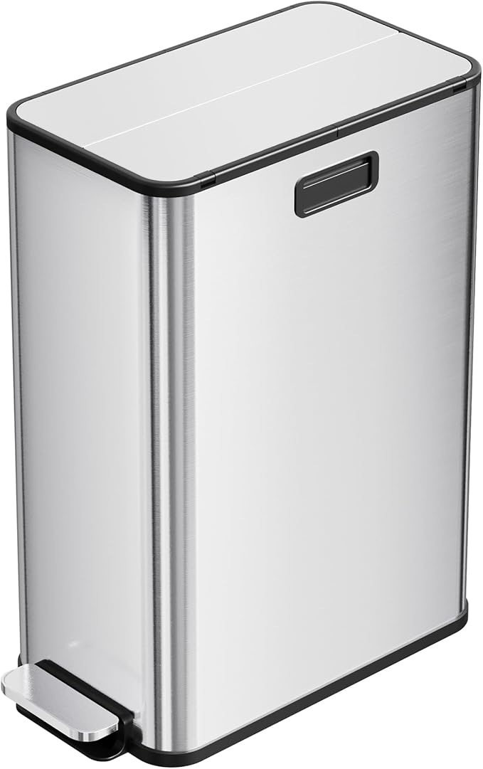 2 x 7.4 Gal (2 x 28L) Slim Trash Can, Stainless Steel Dual Compartment Step-On Recycling Bin with Butterfly Lids & Removable Plastic Inner Buckets for Kitchen, Home, Office