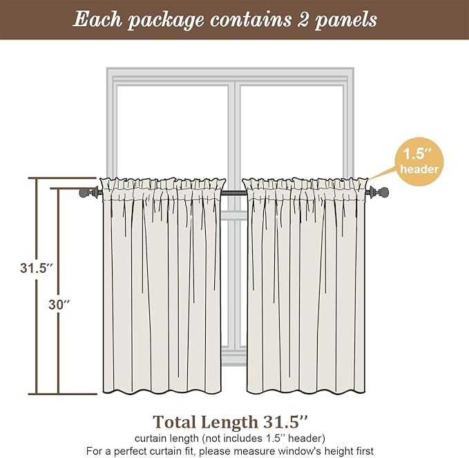 Chyhomenyc White Sheer Curtains 30 inch Length 2 Panels, Light Filtering Voile Rod Pocket Short Window Curtians for Bathroom Living Room Farmhouse Small Windows, 42Wx30L inches