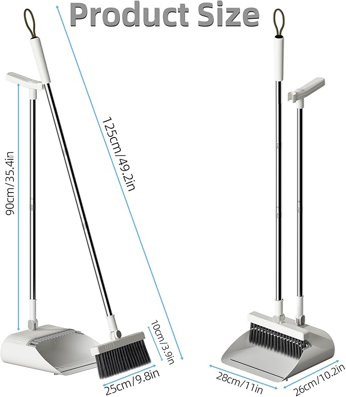 Upgrade Broom with Dustpan Combo Set, Broom and Dustpan Set with Adjustable Handle，Self-Cleaning Dustpans Teeth for Home Kitchen Office Hall Floor，ZeroGap Lip （White&Grey）