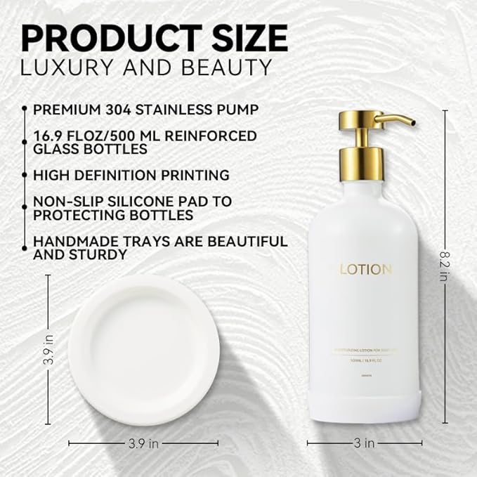 Glass Soap Dispenser Set by Janxin,Bathroom Soap Dispenser Set with Ceramic Tray,Luxury Bathroom Accessories,Modern Kitchen Decor (White+Gold(Lotion))