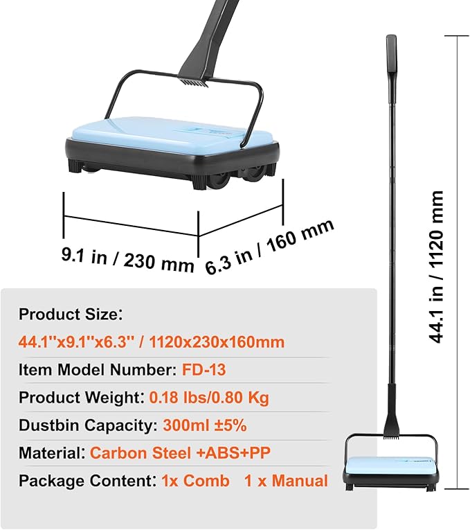 VEVOR Carpet Sweeper Manual, Floor Sweeper with 300 ml Dustbin Capacity Easy to Empty, 6.7 inch Cleaning Width for Home Office Carpets Pet Hair Dust, Blue