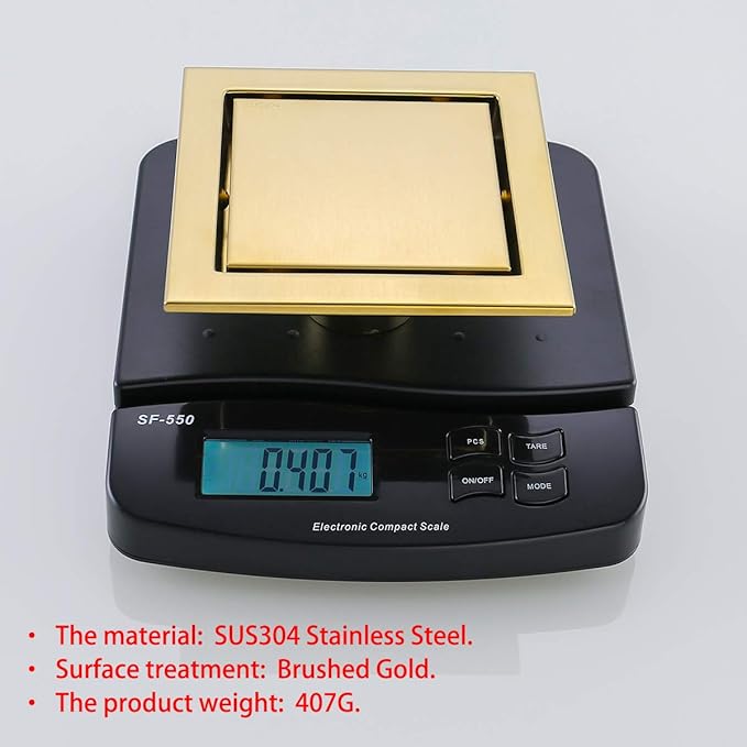 RANDOM Brushed Gold Shower Drain Square 6 inch SUS304 Stainless Steel Shower Floor Drain with Hair Strainer Tile Insert Shower Drain Cover