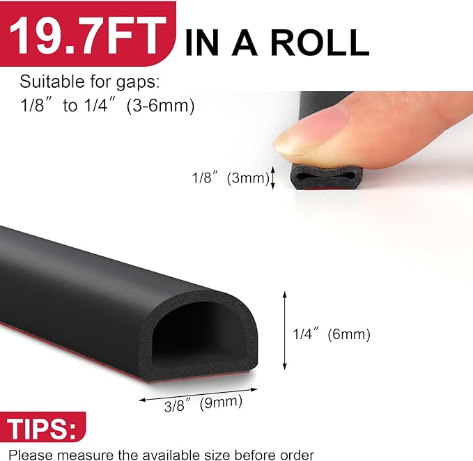 【New Upgrade】 Silicone Door Weather Stripping Door Seal Strip, 19.7 Feet Self-Adhesive D-Shape Door Insulation Strip for Door Frame& Window