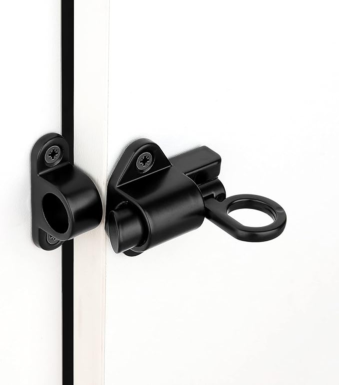 4 Packs Self-Closing Latches，Black Spring Door Lock，Resilient Bolt Latch Aluminum Alloy Safety Automatic Spring Barrel Slide Door Lock with Screws,Used for Gate,Window and Cabinet etc