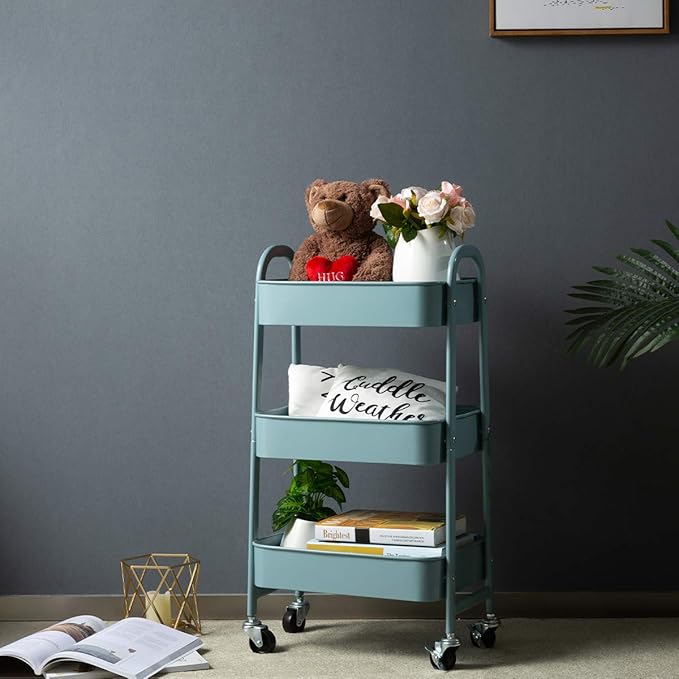 AGTEK Makeup Cart, Movable Rolling Organizer Cart, Grey-Blue 3 Tier Metal Utility Cart