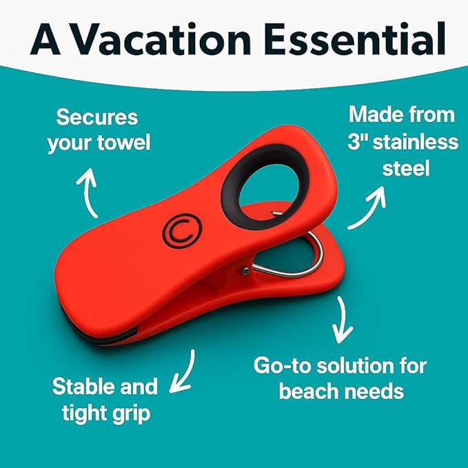 CoreClips Towel Clips for Beach Chairs - Set of 4 Pool Towel Holder Clips for Lounge Chairs on Cruise, Large 2.5” Opening Heavy Duty Clip for Towels on Boat Loungers with Travel Pouch - Red