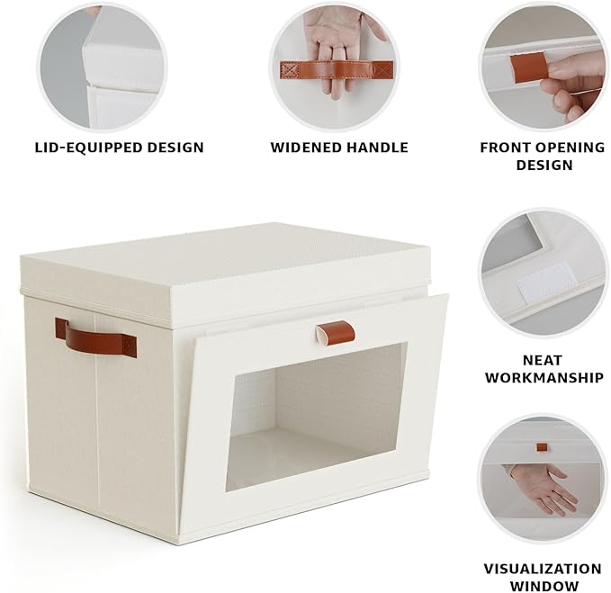 Large Storage Bins with Lids,Stackable&Collapsible Closet Storage Bins,Oxford Fabric Organizer Box with Clear Window,Large Decorative Storage Boxes for Shelves,Wardrobe,Living Room(Beige)