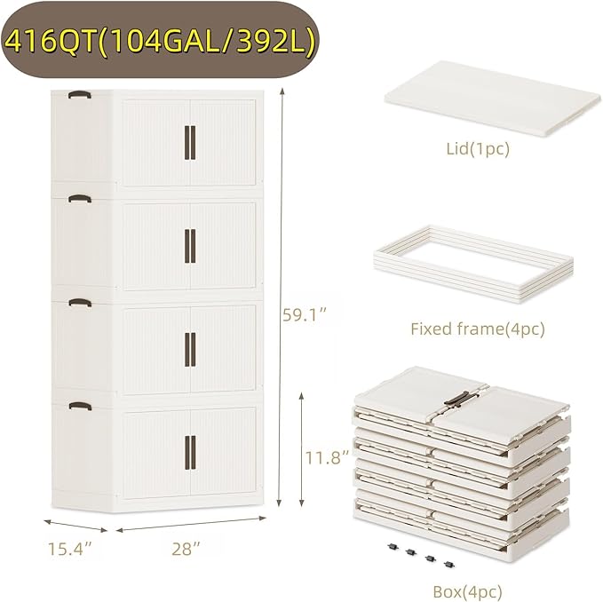 Stackable Storage Bins with 1 lid Stackable Storage Drawers for Clothes, Collapsible Stackable Storage Bins for Clothes, Home, Office (4 tiers)
