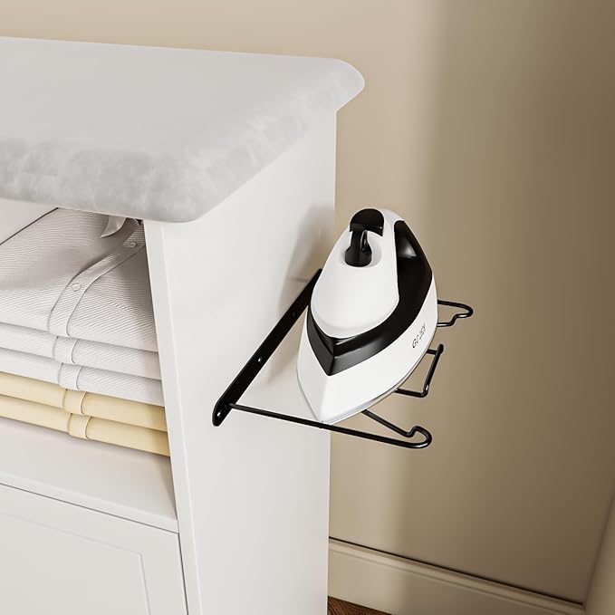 Rolling Ironing Board with Storage Cabinet, Multipurpose Wooden Ironing Cabinet with Wheels, Ironing Table with Heat-Resistant Sponge