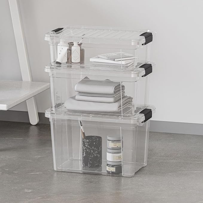 Superio Clear Storage Boxes with Lids, 4.5 Quart Plastic Container Bins for Organizing, Stackable Crates, BPA Free, Non Toxic, Odor Free, Organizers for Home, Office and Dorm, 4 Pack