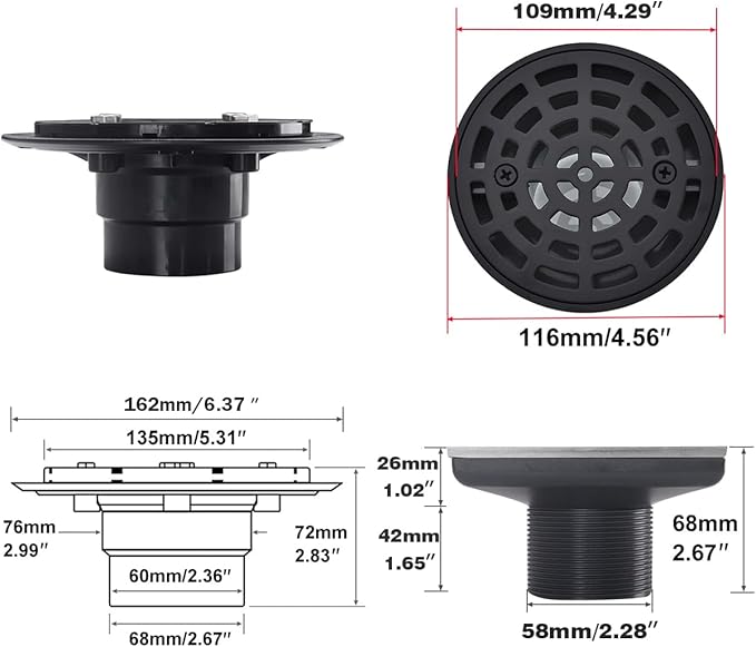 RANDOM Round Shower Drain Kit Matte Black with Adjustable Base Flange,4 Inch Shower Drain Cover with Threaded Adapter,Removable Invisible Look 304 Stainless Steel