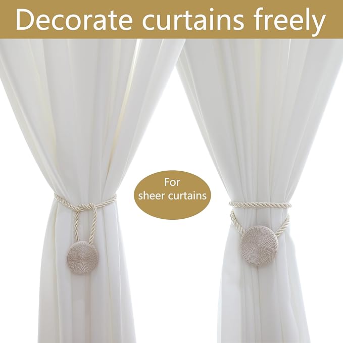 Magnetic Curtain Tiebacks - 12mm Magnetic Tie Backs for Curtains, Heavy Duty No Drill Curtain Holdbacks for Home/Office Windows Drapes, Elegant Gift-Ready Design 7 Colors (2, Beige)