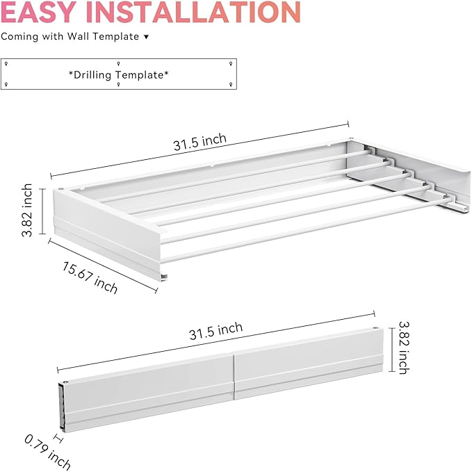 APEXCHASER Wall Mounted Clothes Drying Rack, Laundry Drying Rack Retractable, Towel Racks for Bathroom Balcony Laundry Room Wall Mounted, Foldable Drying Rack for Clothing, 31.5", White