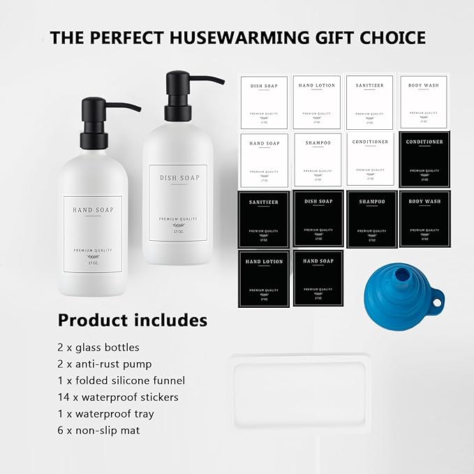 Thick Glass Soap Dispenser - Kitchen Dish Hand Soap Dispenser Set,Rustproof Pump Soap Lotion Dispenser Bathroom with Tray,14 Stickers for Kitchen Decor White Bottle/Black Pump